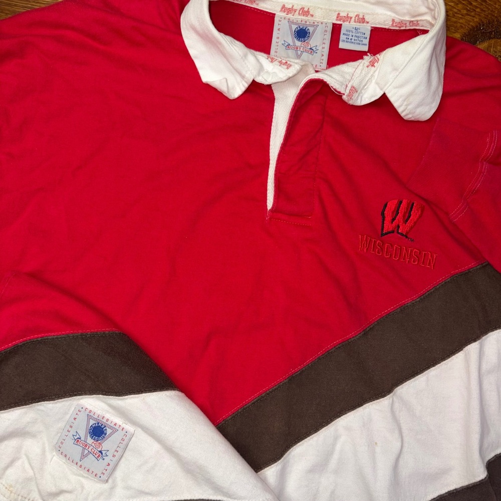 Vintage Member‎ Collegiate Rugby Club Shirt Mens L Red Wisconsin Badgers Stripe